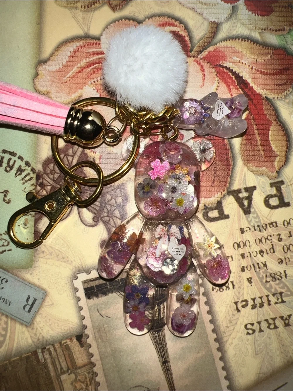 Pink Floral Resin Bear Keychain, backpack or purse charm.
